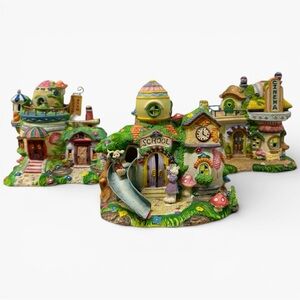 Happy Hollow Easter Village Set of 3 Ceramic Bunny Buildings Lighted - Vintage